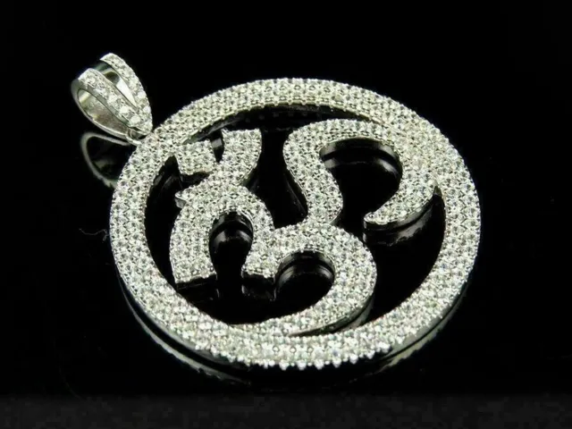 Lustré Blanc Zircone Pierres Om Aum Unisexe Pendentif Rond Solide 925 Argent