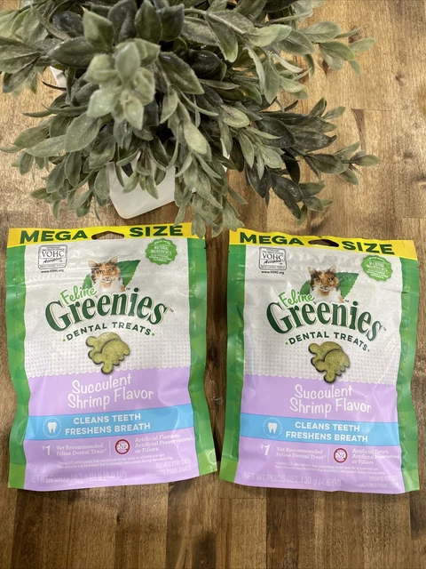 Lote de 2 golosinas dentales con sabor a camarón suculento felino verde para gatos 4,6 oz.