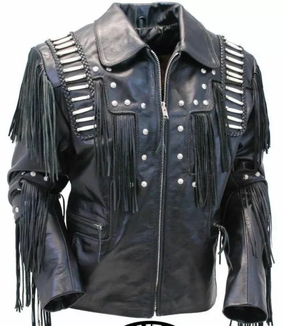 Men's Native American Leather Jacket Fringes & Beads Cowboy Western jacket