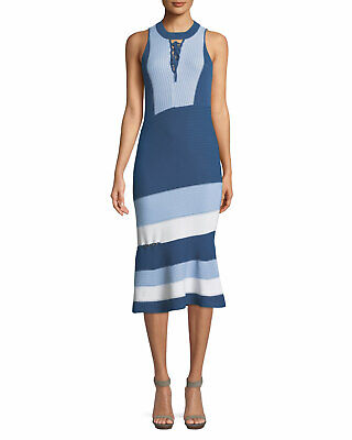 NWT Jonathan Simkhai Blue White Lace Up Knit Sleeveless Midi Dress Sz L $475