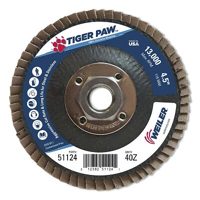 Tiger Paw™ Ty29 Coated Abrasive Flap Disc, 4 -1/2",40 Grit, 5/8 Arbor, 13,000