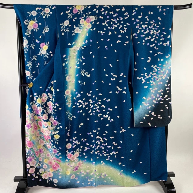 Japanese Silk Kimono Vintage Furisode Gold Peony Cherry Tree Embroidery Blue 65"