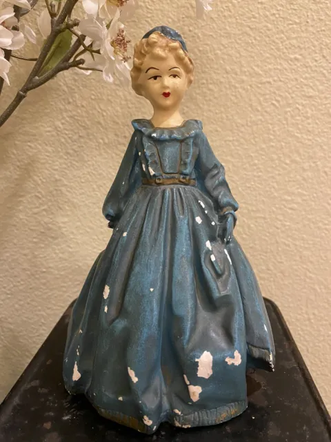 Vtg Porcelain Lady Figurine Blue Dress With Hat Chippy Paint Hand Painted Face