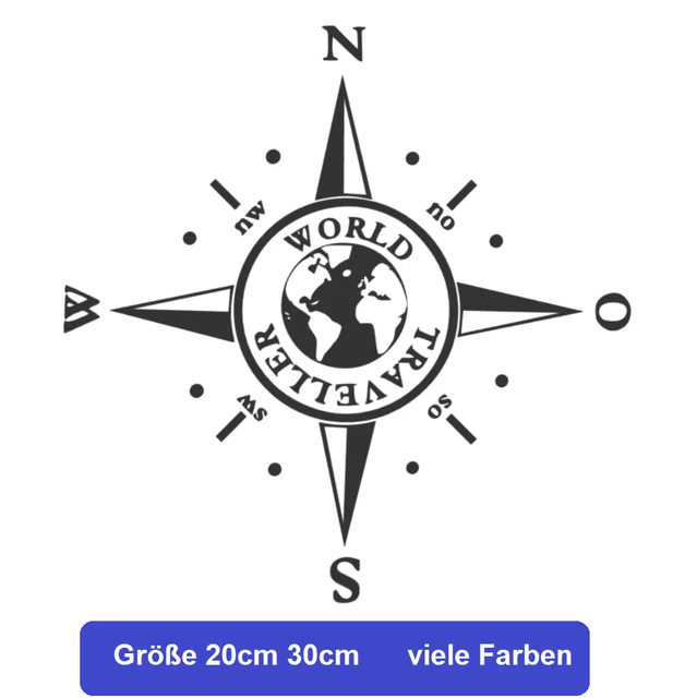 Autocollant Boussole Montagne – Rose Des Vents – Noir Brillant 40x25 Cm, Lettres Cardinales Séparées