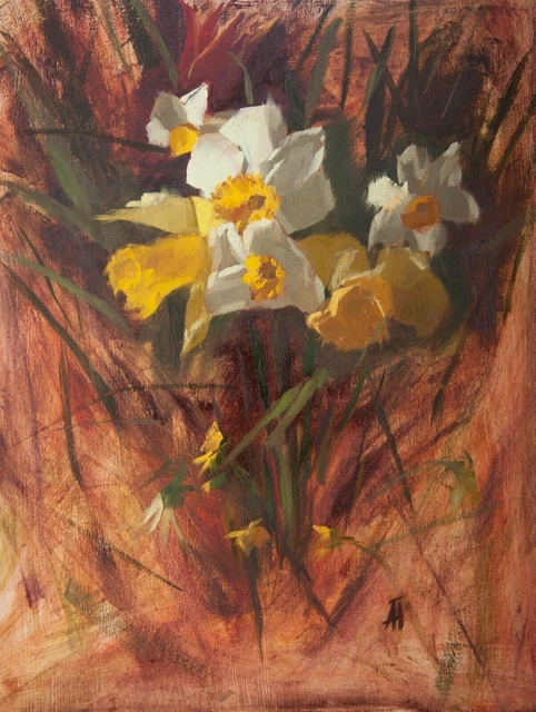 Natura morta originale pittura a olio floreale fiori arte - narcisi bianchi...