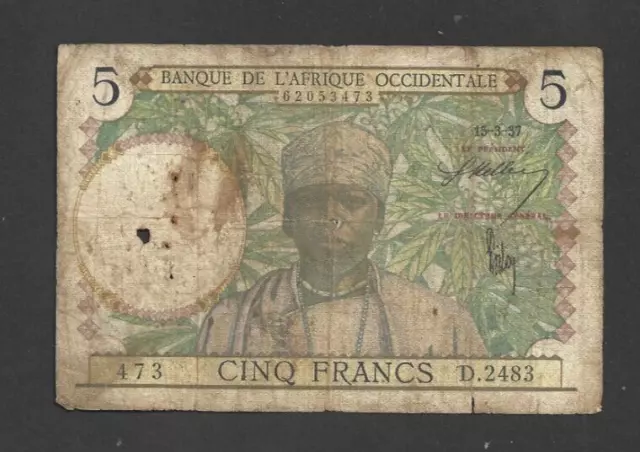 Billete De 5 Francos En Muy Buena Condición De África Occidental Francesa 1937 Pick-21