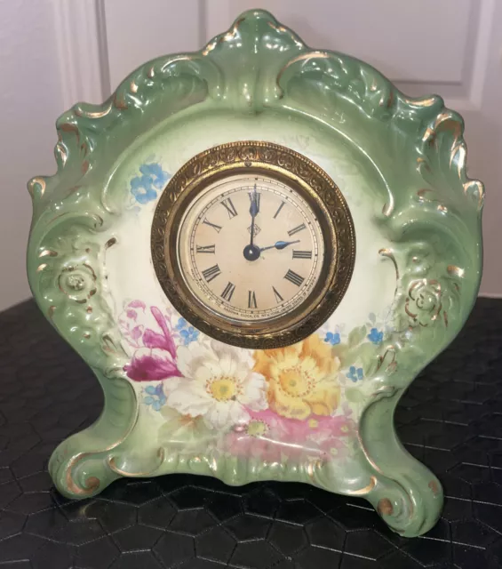 Antique 1755 Royal Bonn Germany Ansonia Victorian Porcelain Floral Mantle Clock