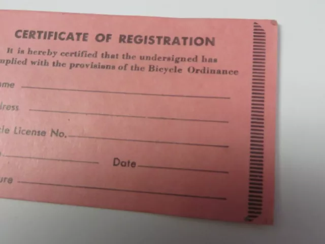 Vtg 1968 LIBERAL, KANSAS Bicycle Bike Certificate of Registration Violation Card 3