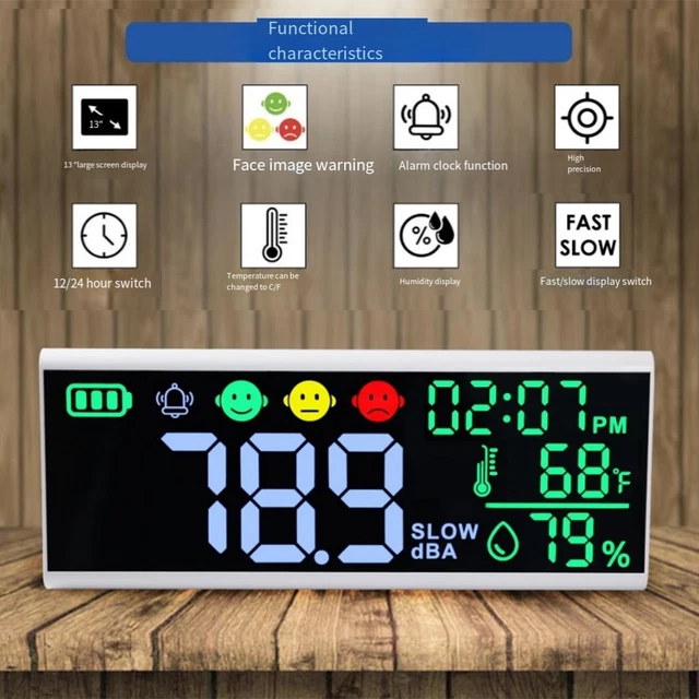 Slim Decibel Meter Groot Gekleurd LED Scherm Weergave Geluidsniveautester 30dB tot 130dB Bereik Temperatuur 10~50°C Vochtigheid Meting Slim Decibel Meter Groot Gekleurd LED Scherm Weergave Geluidsniveautester 30dB tot 130dB Bereik Temperatuur 10~50°C Vochtigheid Meting