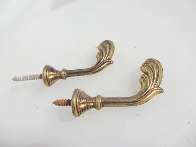 Vintage Brass Curtain Tie Backs Hooks French Old Gold Coat Hangers 2"D