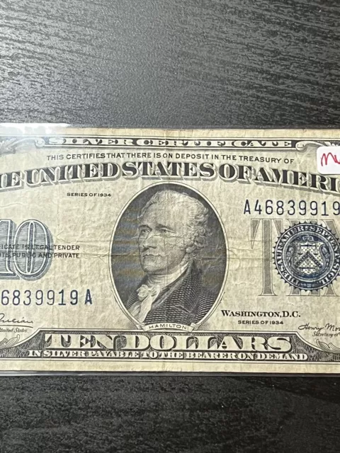 1934 $10 Ten Dollars Silver Certificate Blue Seal Mule Note A46839919A 3