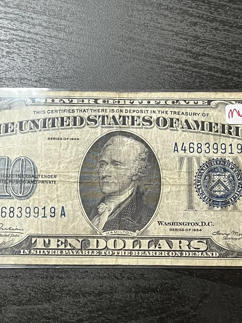 1934 $10 Ten Dollars Silver Certificate Blue Seal Mule Note A46839919A 3