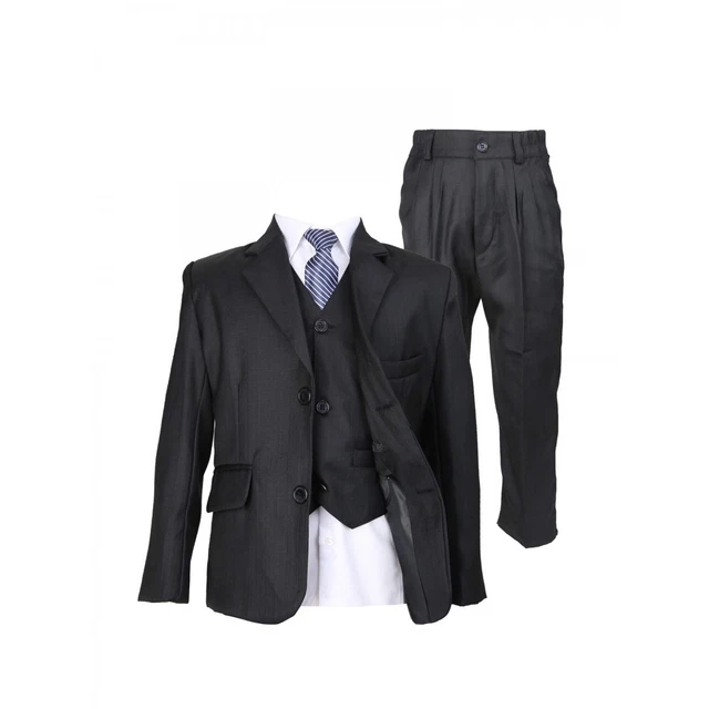 Kids 5 Piece Black Suit Wedding Communion Suits For Boys With A Stripped Tie