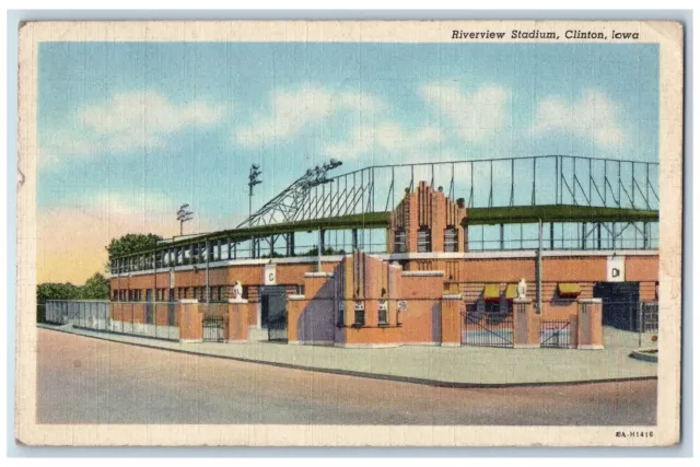 Clinton Iowa IA Postcard River Stadium Exterior Roadside Scene 1946 Vintage