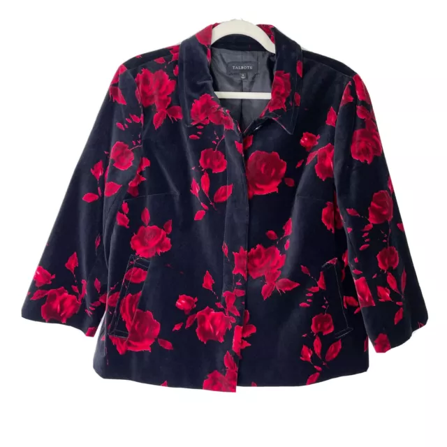 Talbots Velvet Blazer Jacket Women’s Size 12 Black Red Roses Floral Holiday