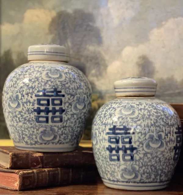 Stunning Blue White Chinoiserie Double Happiness Ginger Tea Caddy Jar Pair 6.75” 2