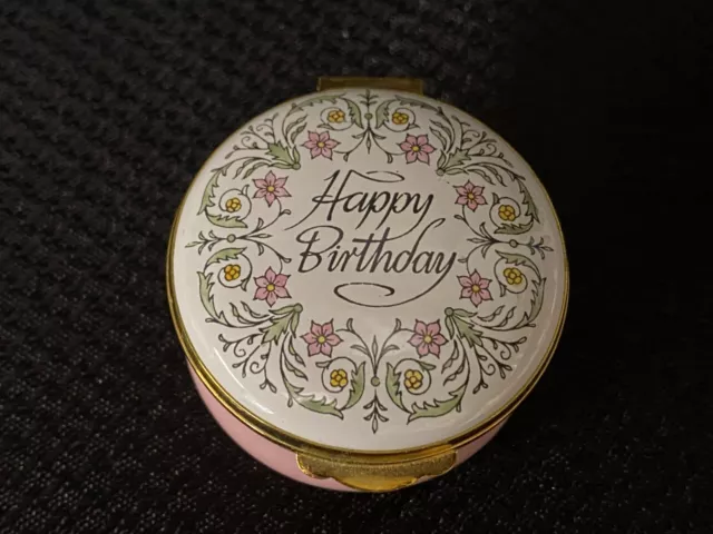 Crummles Enamel Trinket Box ~ "HAPPY BIRTHDAY / PINK"  ~ England ~ Round 1 3/4"
