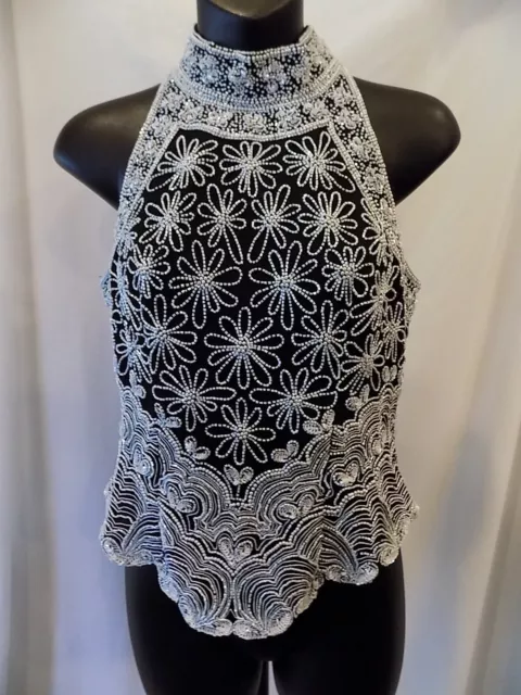 CHAUDRY Black & White 100% Silk Floral Beaded Embellished Top Size S (312)