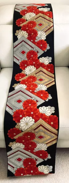 Fukuro-Obi vintage seta nera giapponese ""Argento/Oro diamanti e fiori rossi"" completo