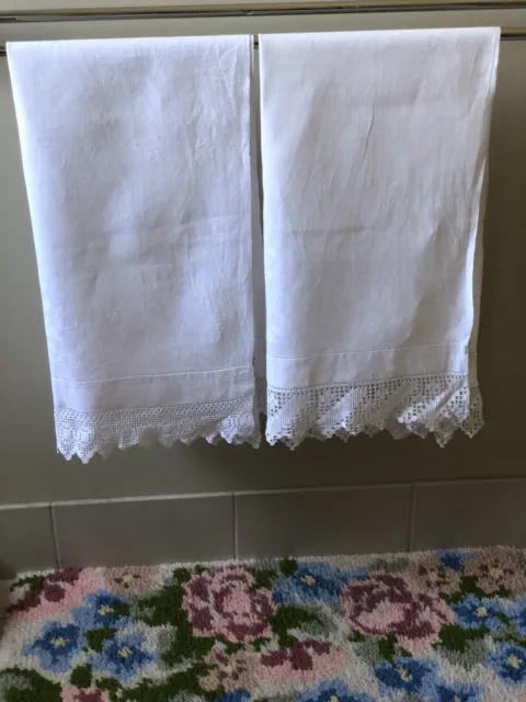 2 Vintage Irish Linen Huckaback Bath Towels Both Ends Crochet Trim 120cm x 60cm