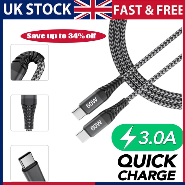 2M USB C to USB C Cable Fast Charging Charger PD 60W 3A Dual Type C Data Sync