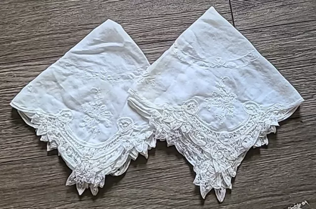 Set of 2 Vintage Embroidered Cloth Lace Napkins