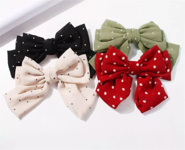 Women Lady Girl Chiffon Retro Dot Ribbon School big Bow Hair Head Barrette Clip