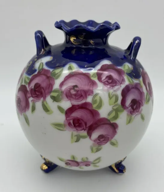 Antique Rose Floral Cobalt Three Footed Vase Hand Painted Made in Japan