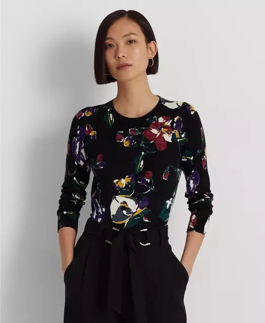 Lauren Ralph Lauren Floral Cotton-Blend Sweater Black Crewneck Pullover Size XL