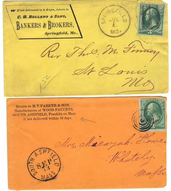 US 1880s 2 CVRs ADV BANKERS & FANCY S ASHFIELD MASS TARGET CANCEL W/LTR ENCLOSED