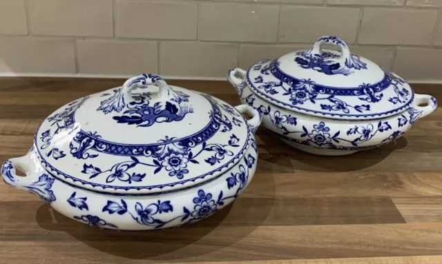 PAIR Vintage Whieldon Ware F Winkle & Co Blue & White Lidded Tureen Serving Dish