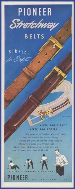 Vintage 1946 PIONEER Stretchway Belts Men's Fashion Ephemera 40's Print Ad