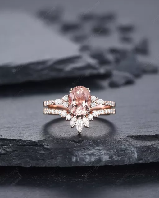 oval cut lab created women's morganite diamond wedding ring 14k rose gold plated