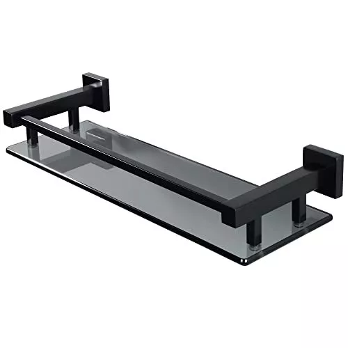 SAYAYO Bathroom Shelf Tempered Black Glass Shelf with Square Rail Wall Mounted