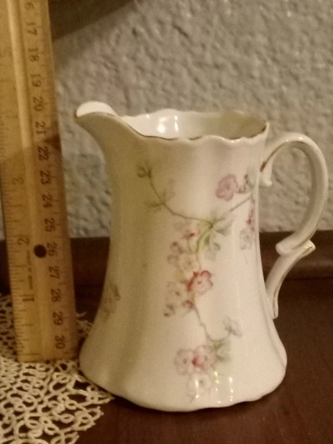 Antique German porcelain creamer pink bridal rose Prussia handles victorian