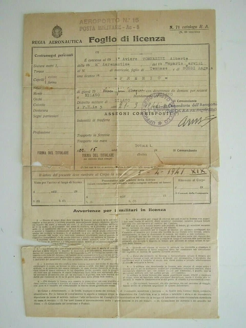 REGIA AERONAUTICA FOGLIO di licenza = PREMIO = al 1° Aviere MILANO 21