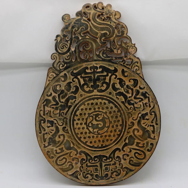 Chinese hand carve jade openwork Bi Disc with Chi dragon human beast grains D240