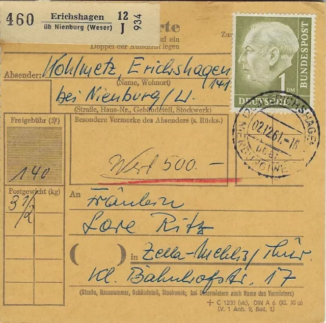 BRD - Paketkarte, (20 a) Erichshagen über Nienburg, 02.12.1961 Wertpaket