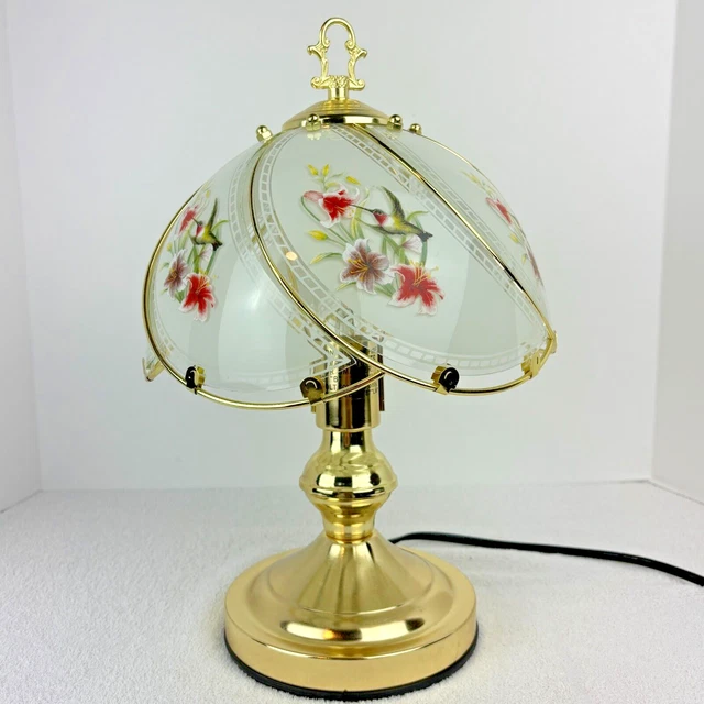 VINTAGE STYLE BRASS Tone Hummingbird Glass Panel Touch Lamp Multi