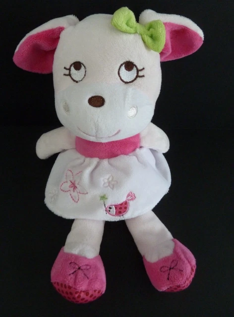 84. DOUDOU PELUCHE INFLUX CHIEN ROSE BLANC VERT robe oiseau fleur 26cm - TTBE