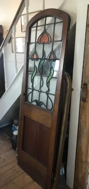 Reclaimed antique arched oak door Arts and Craft stained glass