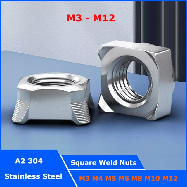 Square Weld Nuts A2 Stainless Steel Metric M3 M4 M5 M6 M8 M10 M12 Welding DIN928