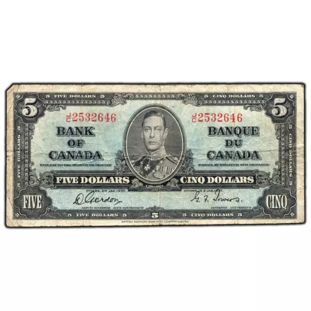 $5 1937 Bank of Canada Note Gordon-Towers J/C Prefix BC-23b