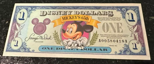 1993 Disney Dollar- Mickey's 65th Uncirculated  Smooth Crisp A Series World Land