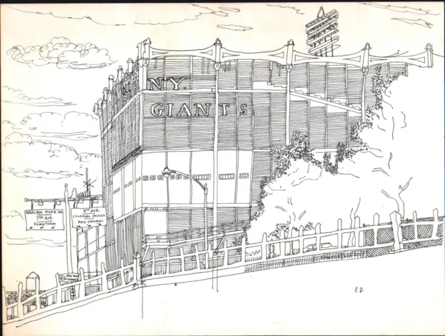 Original Pen and Ink Drawing New York Polo Grounds, Edward A. Davidson, 1957