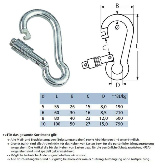A4 Mousqueton Acier Inox Avec Springverschluss Mousqueton L:55-100mm Steelando