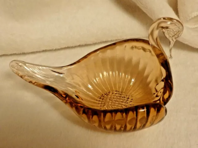 Vintage Amber Glass Hand Blown Swan Bowl Candy Trinket or Dresser Dish