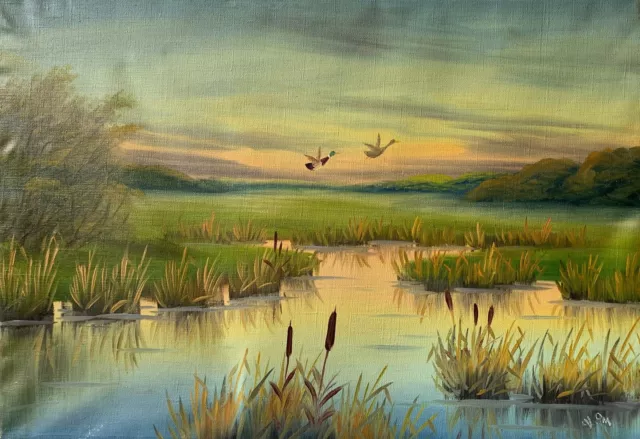 Gran Pintura Al Óleo Abendsonne con Lago Con Patos Juncos Firmado 66,7 X 96,5CM