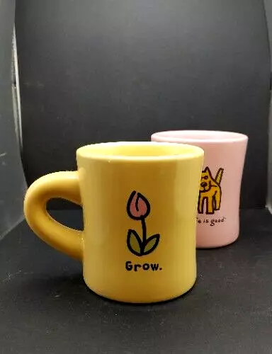 Set of 2 Life Is Good Home Mugs Large 12 Oz Coffee Cups Pink Yellow Flowers Grow