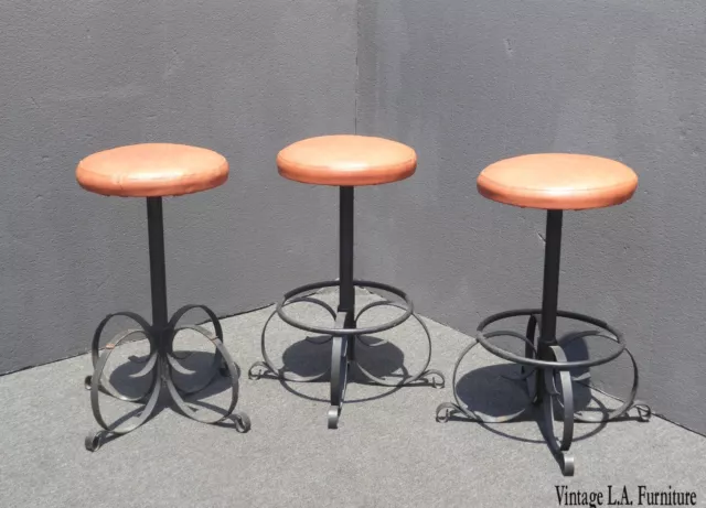 Set Three Vintage Spanish Style Orange Iron Counter Stools Barstools Mid Century